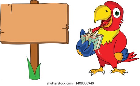 colorful parrot standing on the side of a banner sign showing presenting with a gift box