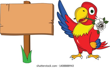 colorful parrot standing on the side of a banner sign showing presenting with flower stick