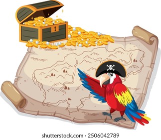 Colorful parrot with treasure chest and map