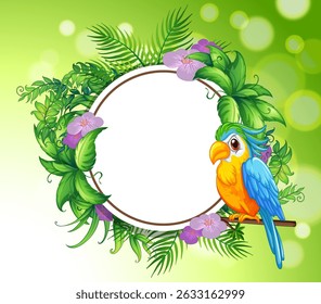 Colorful parrot with tropical flowers and leaves surrounding circular frame