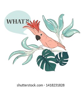 Colorful parrot with typographic quote and jungle hand-drawn leaves. Modern paradise illustration with bird, leaves, flowers. Exotic botanical sketch art.