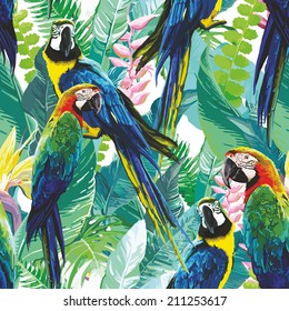 colorful parrots and exotic flowers