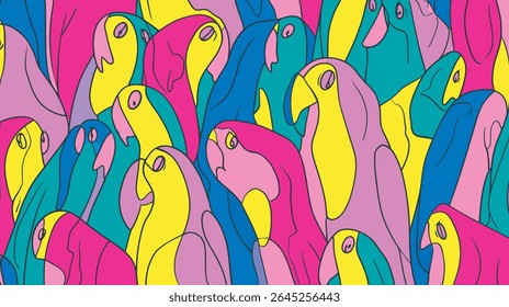Colorful parrots face up in graphic dense arrangement illustration detail