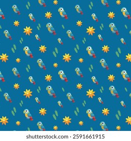 Colorful Parrots and Tropical Flowers in Repeating Pattern on Blue Background