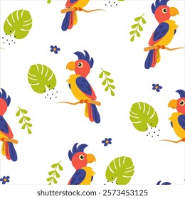 Colorful parrots and tropical leaves create a vibrant pattern for fun decor and design