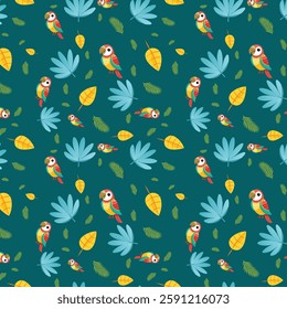 Colorful Parrots and Tropical Leaves Seamless Pattern on Dark Teal Background