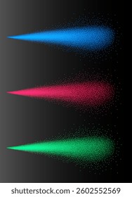Colorful particle spray effect with blue, red, and green dots on dark gradient background, abstract dynamic motion burst with glowing light particles