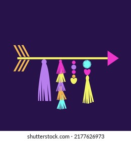 Colorful party arrow decoration. Tassels pompoms hanging.  Vector illustration