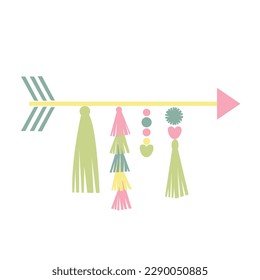 Colorful party arrow decoration. Tassels pompoms hanging.  Vector illustration