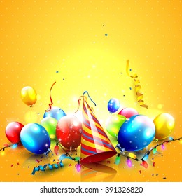 Colorful party background with balloons and party hat on orange background