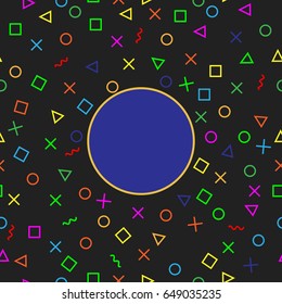Colorful party background with confetti of different shapes on black. Flat vector illustration