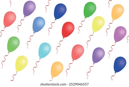 Colorful Party Balloons Background with Red Ribbon. Rectangular Pattern, Transparent Background, Seamless.