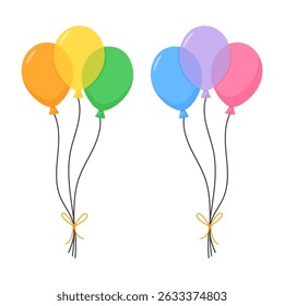 Colorful party balloons with black strings and tied bows. Flat cartoon vector illustration
