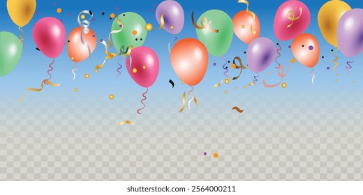 Colorful party balloons, confetti and streamers seamless pattern vector illustration design background