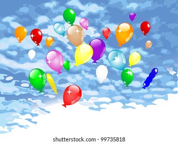 Colorful party balloons flying against cloudy sky