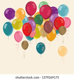 Colorful party balloons flying up. Vector illustration on light yellow background