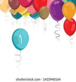 Colorful party balloons flying up.  Blue balloon with number 1. Happy birthday. Vector illustration on white background