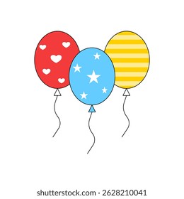 Colorful Party Balloons Icon. Bunch of Balloons for Birthday and Party. Flying balloon with rope. Anniversary design on white background.