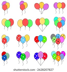 Colorful Party Balloons Icon set. Bunch of Balloons for Birthday and Party. Flying balloon with rope. Anniversary design. Vector illustration.