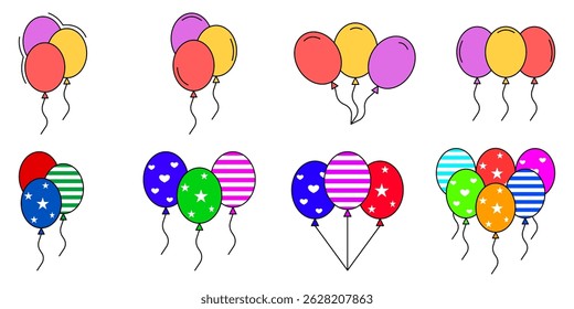 Colorful Party Balloons Icon set. Bunch of Balloons for Birthday and Party. Flying balloon with rope. Anniversary design.