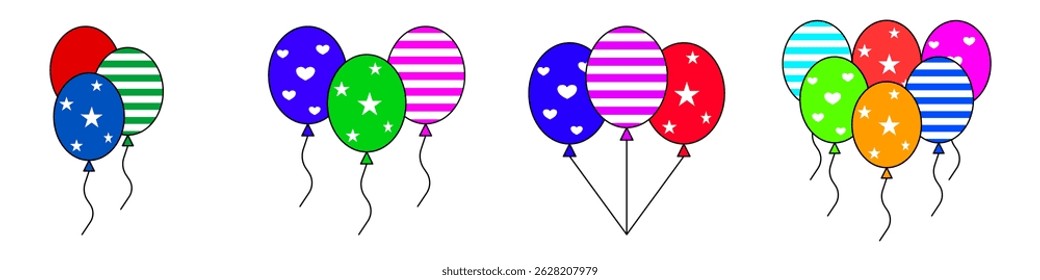 Colorful Party Balloons Icon set. Bunch of Balloons for Birthday and Party. Flying balloon with rope. Anniversary design on white background. Vector illustration.