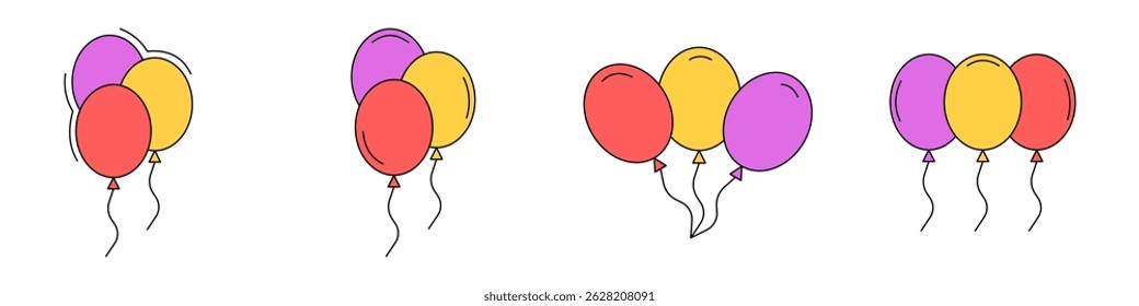 Colorful Party Balloons Icon set. Bunch of Balloons for Birthday and Party. Flying balloon with rope. Anniversary design on white background.