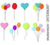 Colorful party balloons isolated on white background. Balloon set. Bunch of balloons for birthday and party. Flying ballon with rope. Anniversary, birthday party design. Air balloons vector.