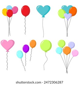 Colorful party balloons isolated on white background. Balloon set. Bunch of balloons for birthday and party. Flying ballon with rope. Anniversary, birthday party design. Air balloons vector.