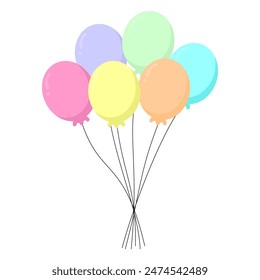 Globos de fiesta de colores aislados sobre fondo blanco. Juego de globos. Manojo de globos para cumpleaños y fiesta. Globo volador con cuerda. Aniversario, fiesta de cumpleaños. Globos de aire Vector.