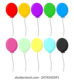 Colorful party balloons isolated on white background. Balloon set. Bunch of balloons for birthday and party. Flying ballon with rope. Anniversary, birthday party design. Air balloons vector.