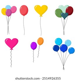 Colorful party balloons isolated on white background. Balloon set. Bunch of balloons for birthday and party. Flying ballon with rope. Anniversary, birthday party design. Air balloons vector.