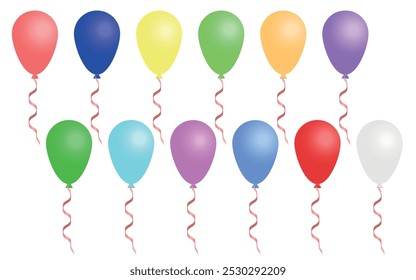 Balões de festa coloridos com fitas vermelhas - 12 cores, vetor.