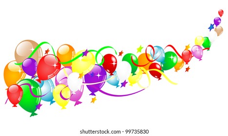 Colorful party balloons with ribbons and stars