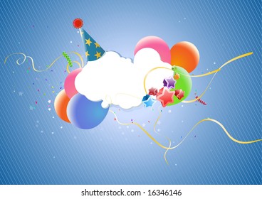 Colorful Party Balloons, Stars, party hat and Confetti - great for Invitation card for birthdays, anniversary and parties.