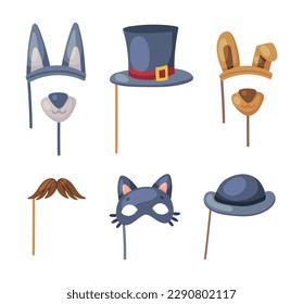 Colorful Party Birthday Photo Booth Prop with Animal Mask, Top Hat and Mustache Vector Set