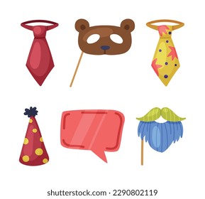 Colorful Party Birthday Photo Booth Prop with Tie, Bear Mask, Cone Hat, Beard with Mustache Vector Set