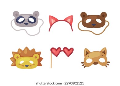 Colorful Party Birthday Photo Booth Prop with Hairband, Animal Mask and Glasses Vector Set