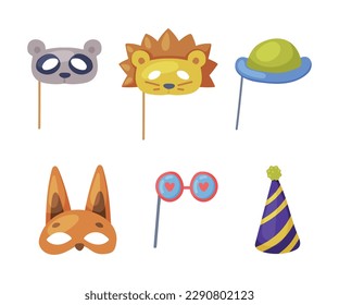 Colorful Party Birthday Photo Booth Prop with Animal Mask, Hat and Glasses Vector Set