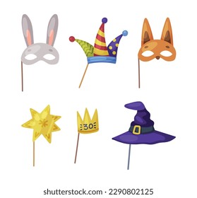 Colorful Party Birthday Photo Booth Prop with Clown Hat, Crown, Witch Hat and Animal Mask Vector Set
