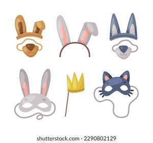 Colorful Party Birthday Photo Booth Prop with Crown, Hairband and Animal Mask Vector Set