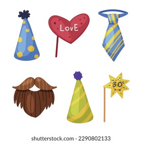 Colorful Party Birthday Photo Booth Prop with Beard, Tie and Cone Hat Vector Set