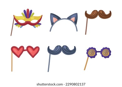 Colorful Party Birthday Photo Booth Prop with Mask, Mustache and Glasses Vector Set