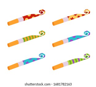 Colorful party blower horn set isolated on white background - birthday celebration toys with fun striped, dotted or starry patterns and curled end, flat vector illustration