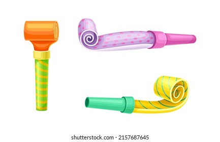 Colorful party blowers set. Happy party, holiday celebration symbol cartoon vector illustration