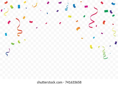 Colorful Party Confetti And Ribbon Falling On Transparent Background. Vector Illustration
