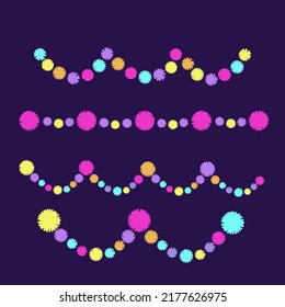 Colorful party decoration set. Pompoms wreath border.  Pompom arcs. Vector illustration