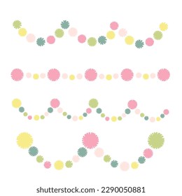 Colorful party decoration set. Pompoms wreath border.  Pompom arcs. Vector illustration