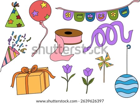 A colorful party decorations include gift box with ribbon, balloons, party hat, confetti popper, flowers, pinwheel, and festive banners creating joyful celebration atmosphere