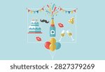 Colorful party decorations include a multi-tiered cake, a celebratory champagne bottle, balloons, and fancy props.