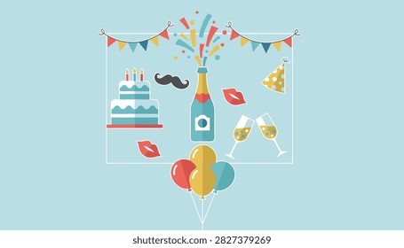 Colorful party decorations include a multi-tiered cake, a celebratory champagne bottle, balloons, and fancy props.